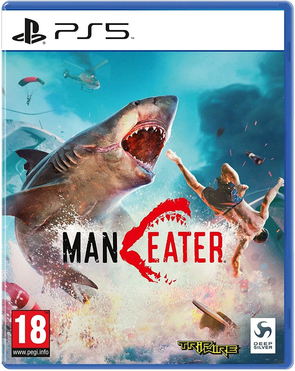 Maneater PlayStation 5 game box art featuring a shark attacking in the ocean