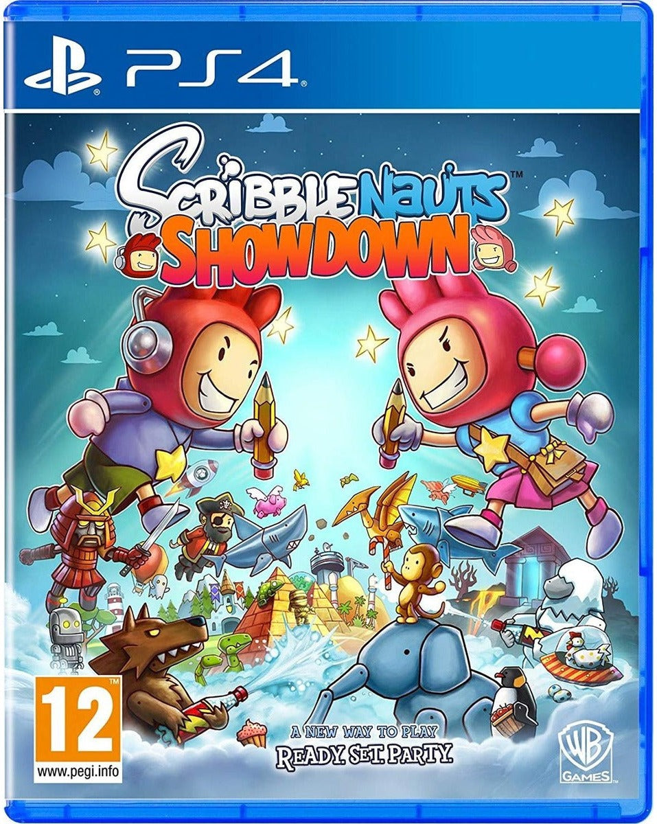 Scribblenauts Showdown PlayStation 4 box art with Maxwell and Lily