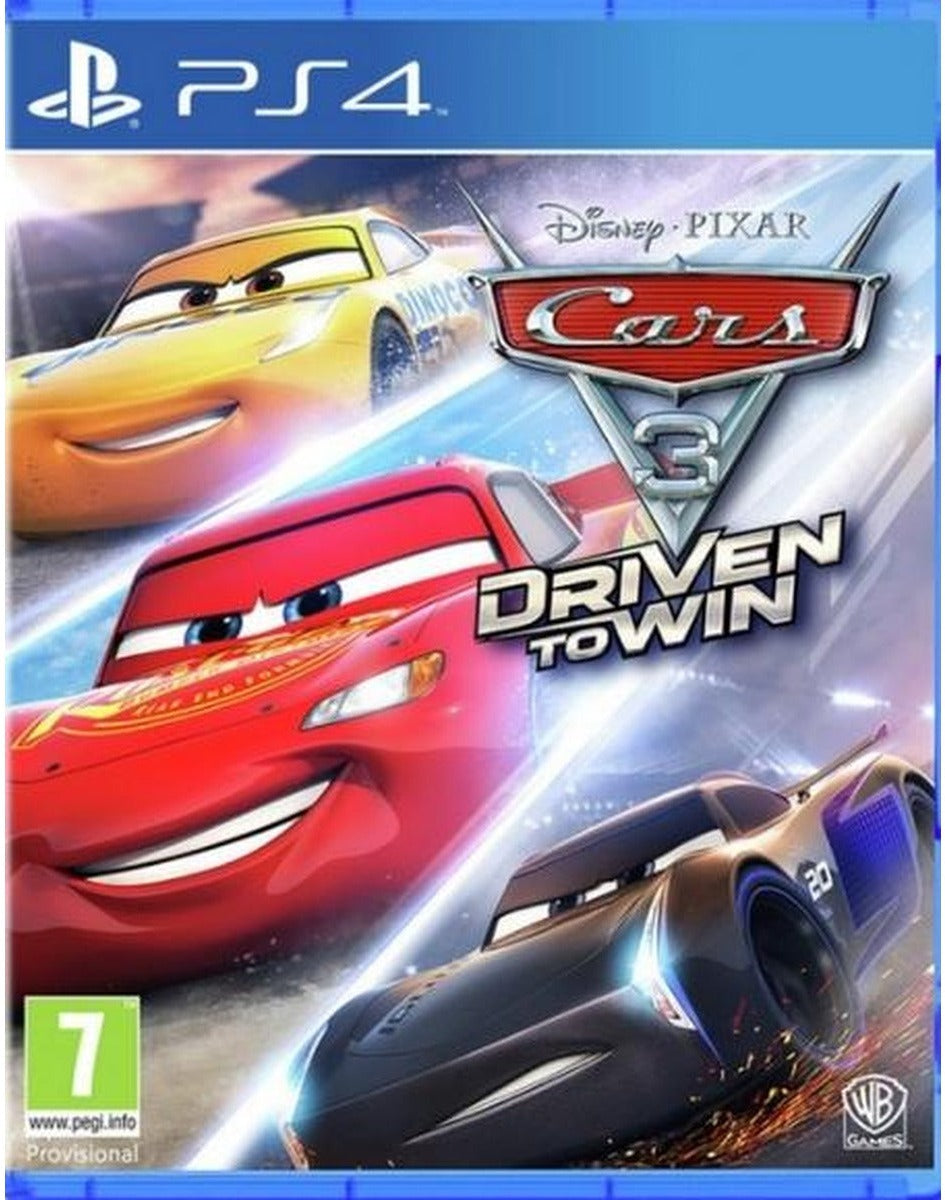 Cars 3: Driven to Win PlayStation 4 game box art featuring Lightning McQueen, Cruz Ramirez and Jackson Storm