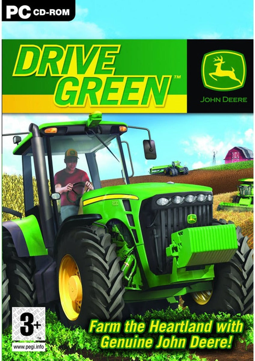 John Deere Drive Green PC game box art with green tractor