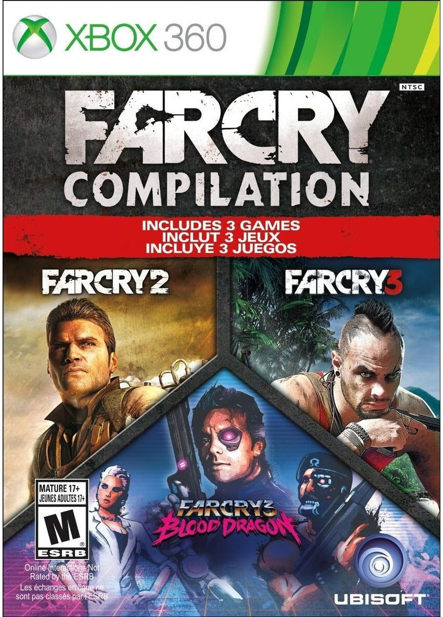 Far Cry Compilation Xbox 360 box art featuring Far Cry 2, Far Cry 3 and Blood Dragon