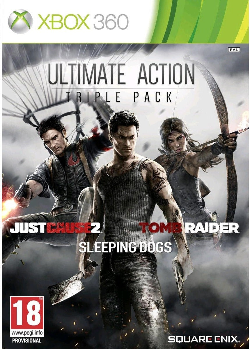 Ultimate Action Triple Pack Xbox 360 game box with Just Cause 2, Sleeping Dogs and Tomb Raider