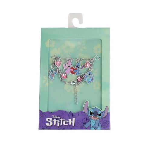 Angel and Stitch charm bracelet, imitation rhodium plated, 7-inch chain