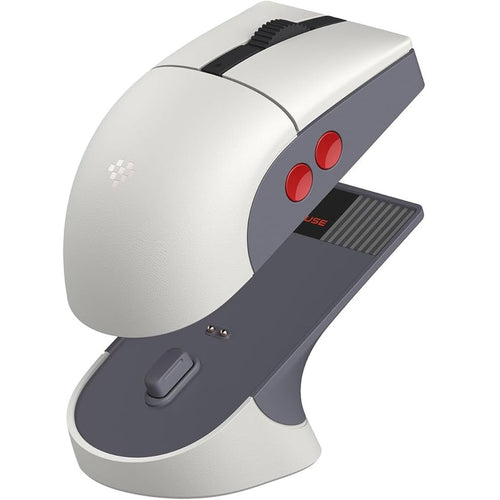 8BitDo Retro R8 Mouse Nintendo Edition with matching charging dock, NES colour scheme