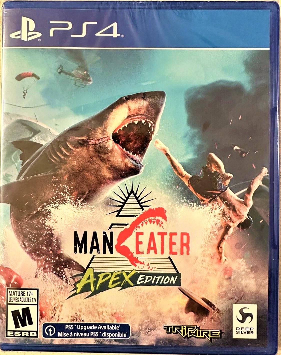Maneater PlayStation 4 game box art featuring a great shark breaching the water