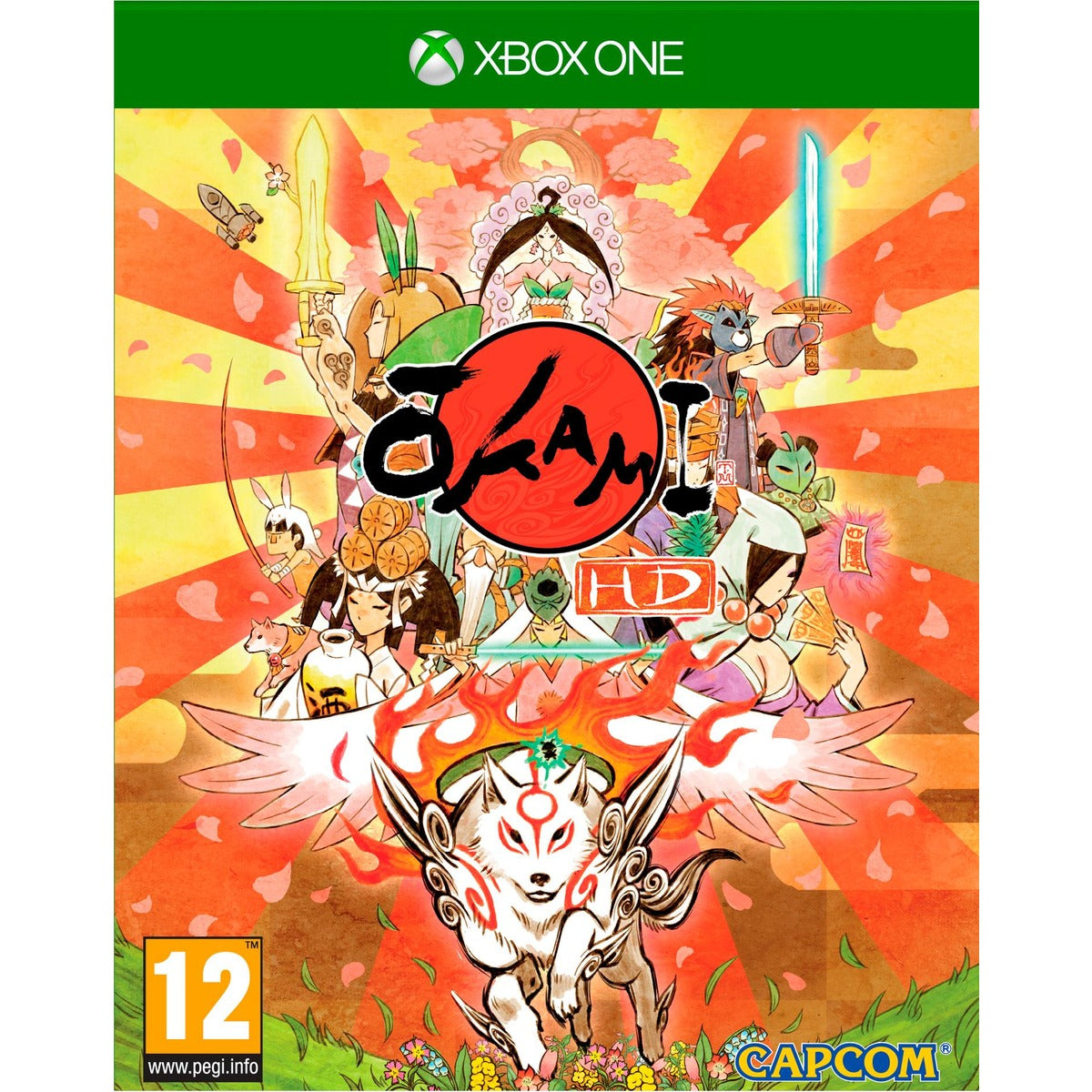Okami HD Xbox One játék dobozborítója a fehér farkas Amaterasuval