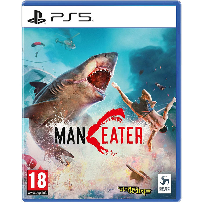 Maneater PlayStation 5 játék borítója cápával a tengerben