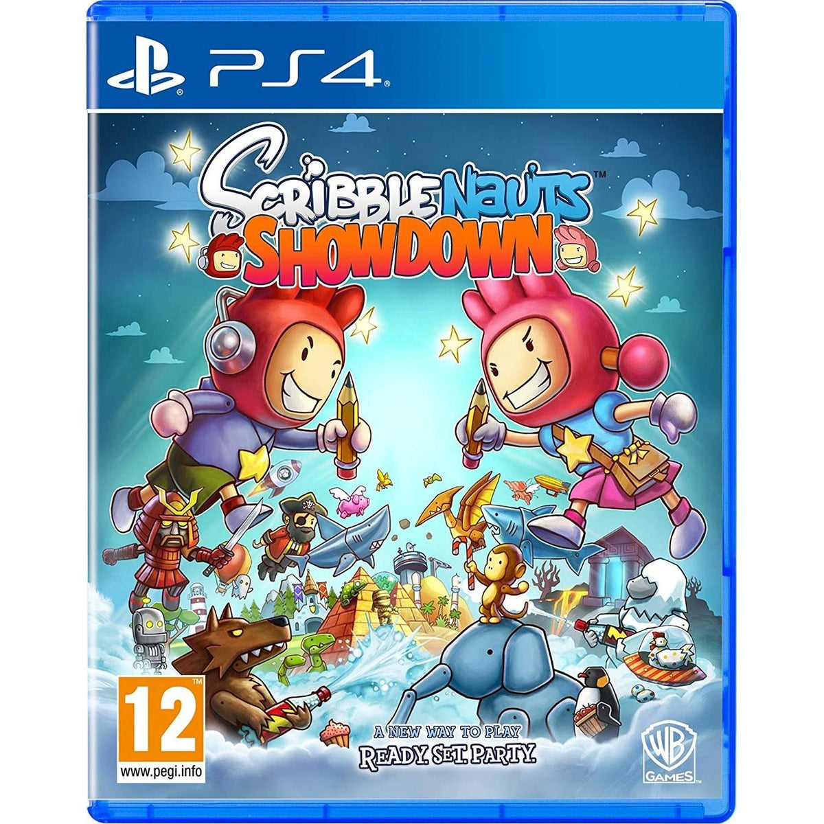 Scribblenauts Showdown PlayStation 4 dobozborító Maxwellel és Lilyvel
