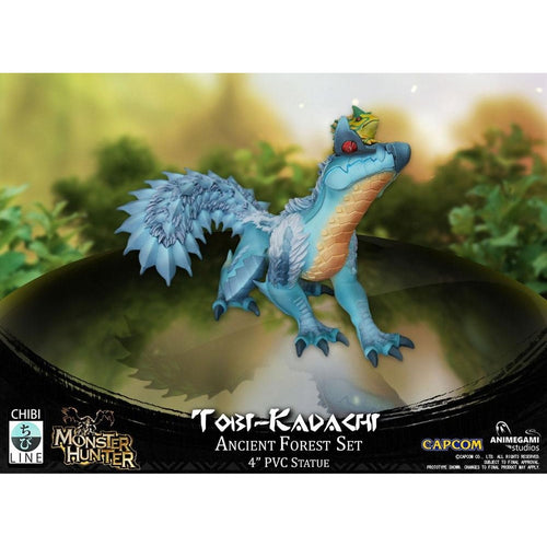 Animegami Chibi Monster Hunter Tobi-Kadachi PVC figura, ~10 cm, kék wyvern Paratoaddal