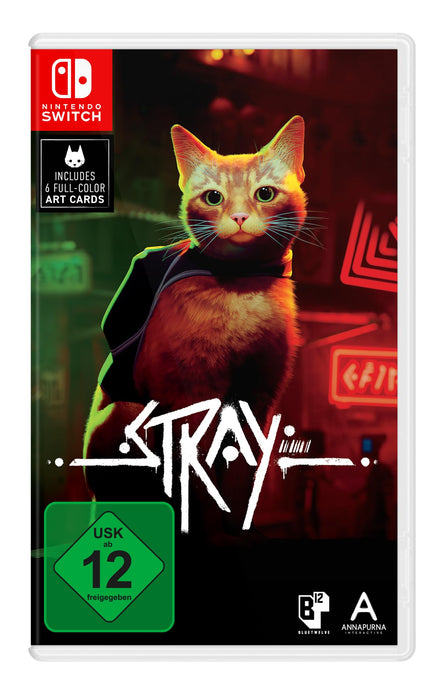 Stray Nintendo Switch játék dobozborítója kóbor macskával egy neonvárosban