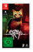 Stray Nintendo Switch játék dobozborítója kóbor macskával egy neonvárosban