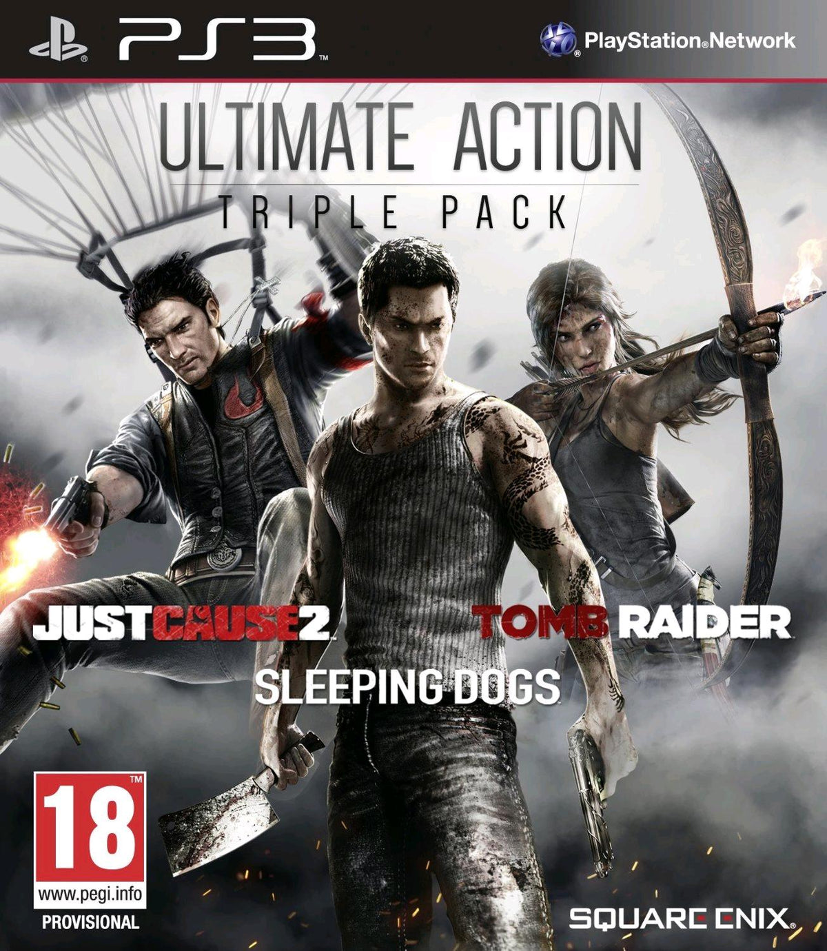 Ultimate Action Triple Pack PS3 doboz – Just Cause 2, Sleeping Dogs és Tomb Raider